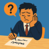 ボールペンで書いた字が汚くて読めずに恥ずかしそうに悩む社会人のイラスト