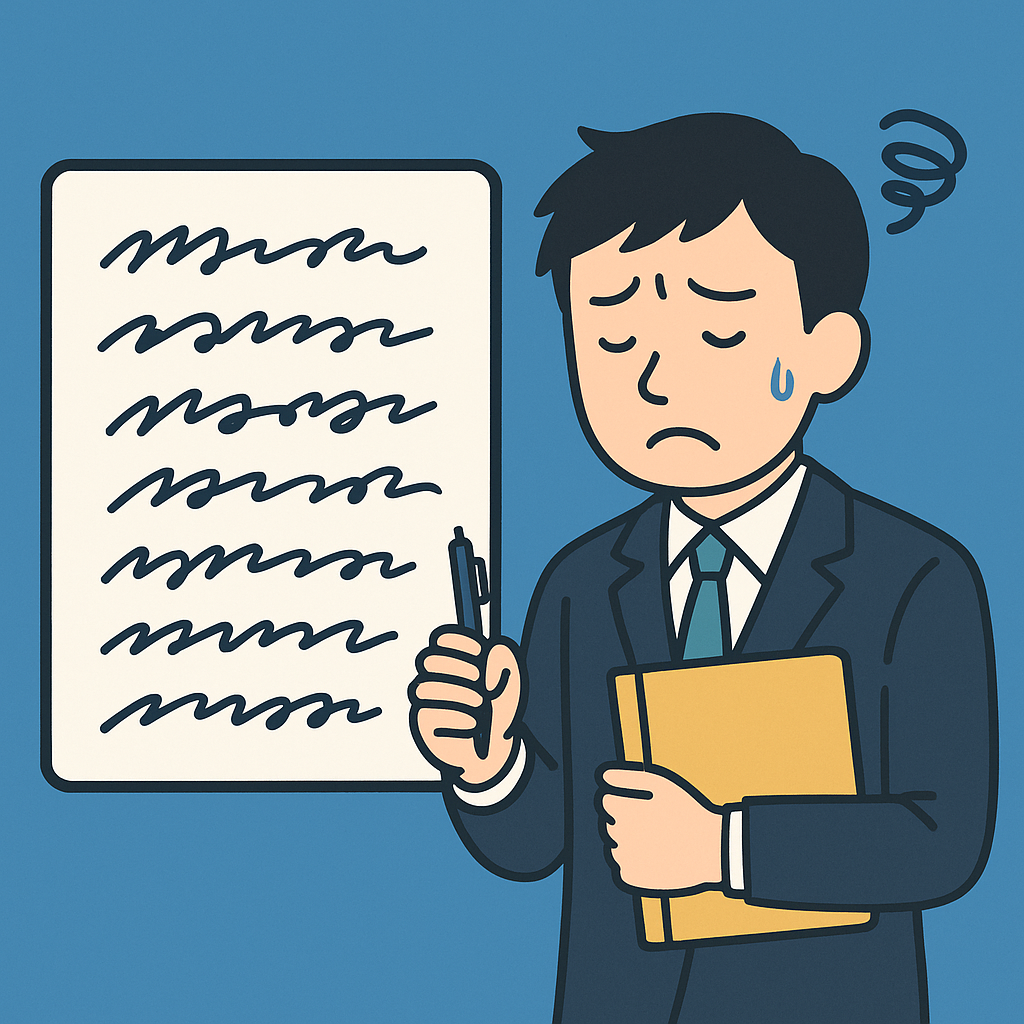 字が汚い社会人が改善を決意した恥ずかしい失敗体験を描いたイラスト