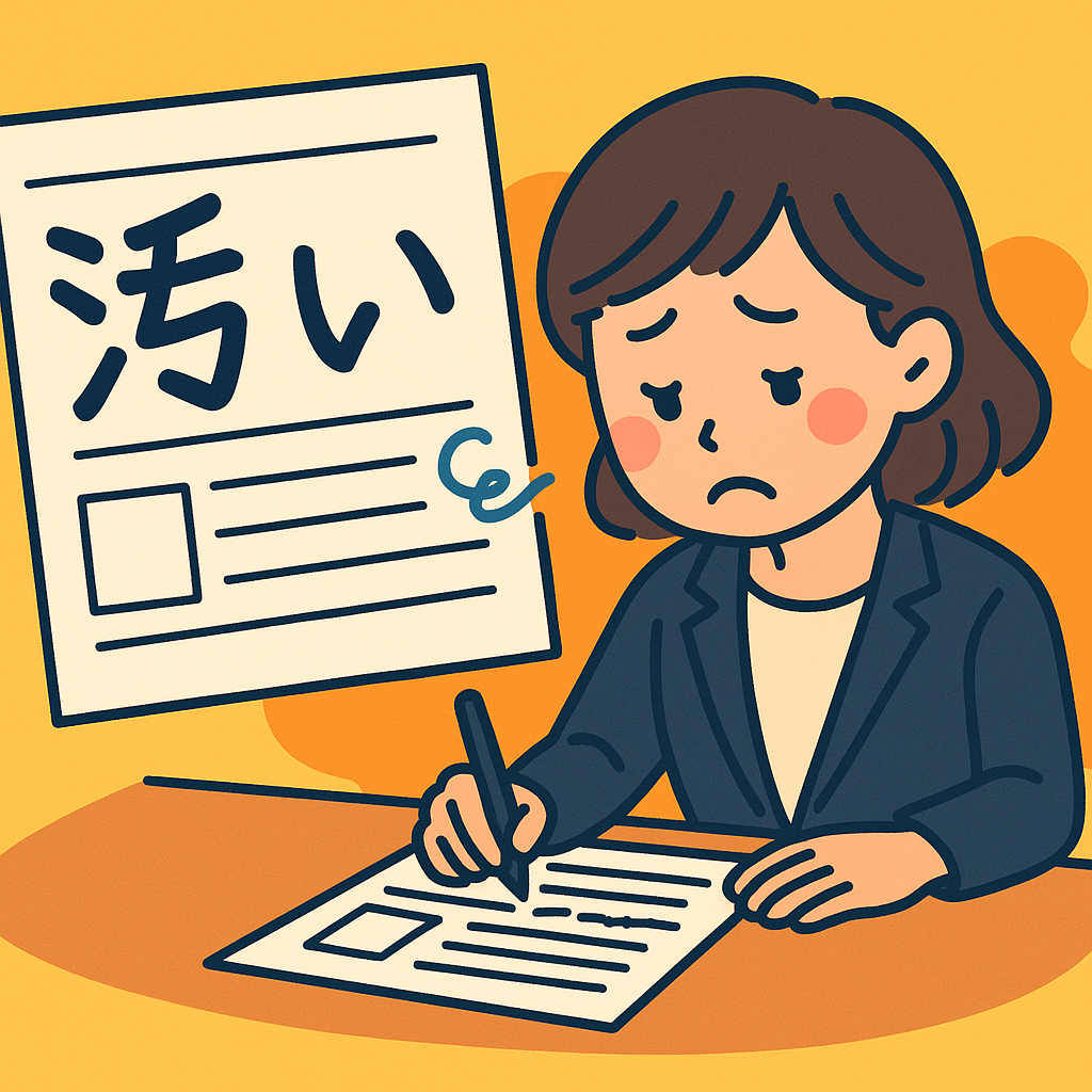 履歴書を書く社会人が字の汚さに悩む様子を表したイラスト