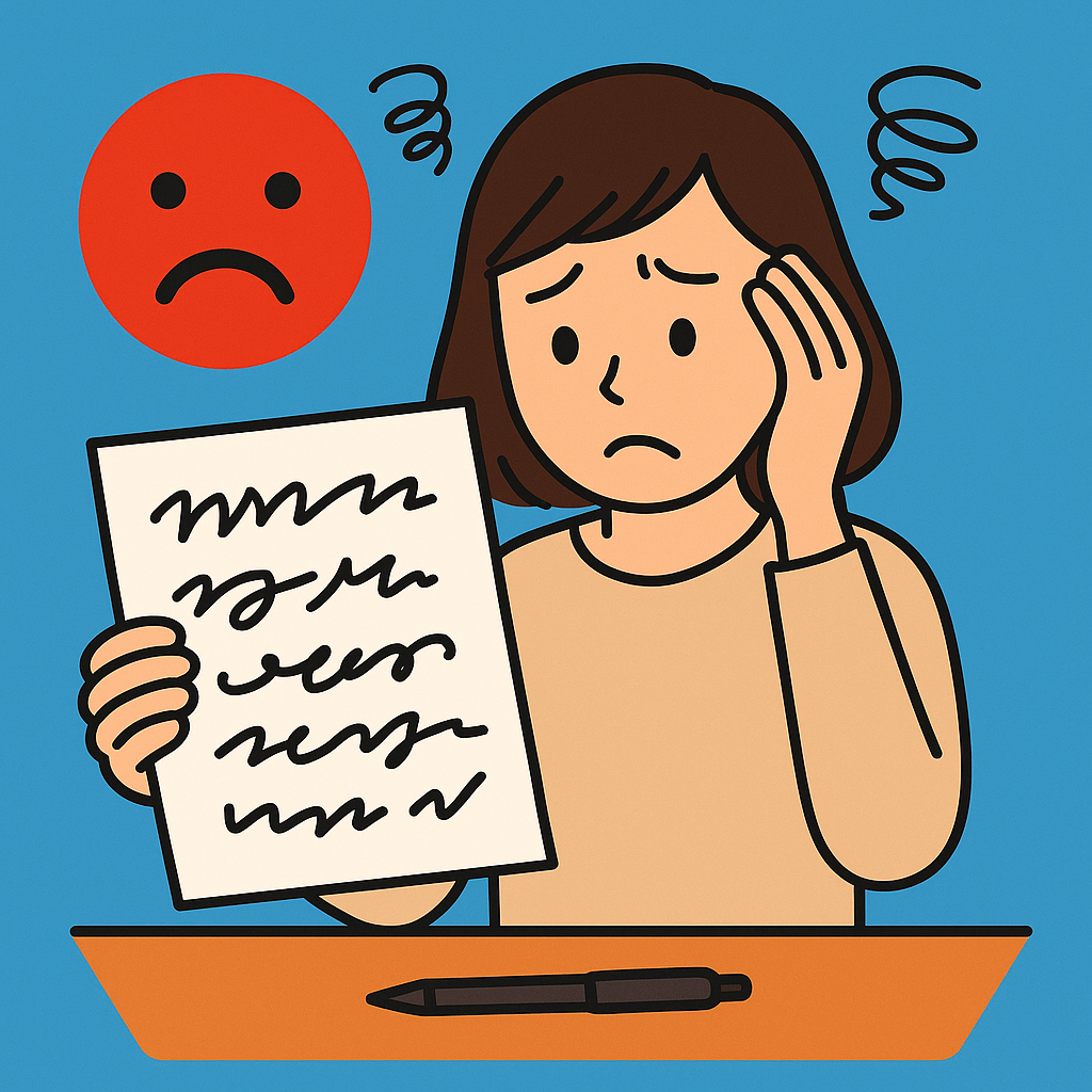 字が下手で第一印象を損ねて不安を感じる人をイメージしたイラスト