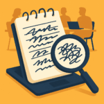 会議中のメモが字が汚くて読みにくい様子を表すイラスト