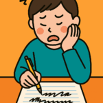 ペン習字に取り組む初心者が、字をきれいに書く練習をしている様子を描いたイラスト
