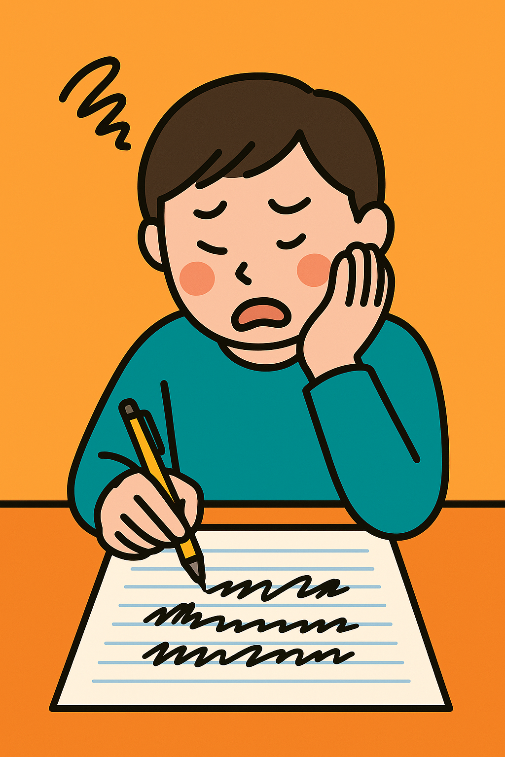 ペン習字に取り組む初心者が、字をきれいに書く練習をしている様子を描いたイラスト