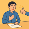 字が汚い大人が改善に取り組み、自信を持って文字を書く姿のイラスト