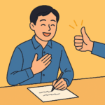 字が汚い大人が改善に取り組み、自信を持って文字を書く姿のイラスト