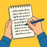 会議で急いで取ったメモが字が汚くて読めず困っている様子を描いたイラスト
