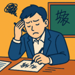 字が汚いことで落ち込む社会人が改善を考えている様子のイラスト