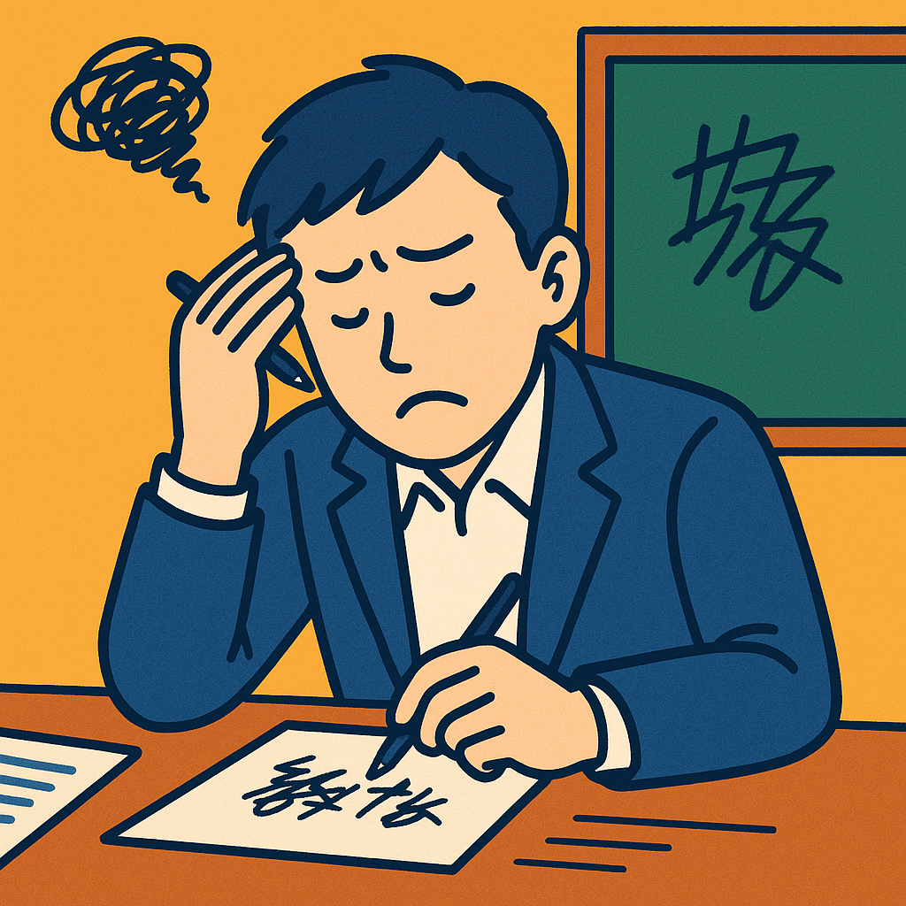 字が汚いことで落ち込む社会人が改善を考えている様子のイラスト
